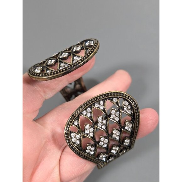 Bronze tone Art Deco Rhinestone Fan Wide Hinge Cuff Bracelet Statement 6" - Picture 6 of 8